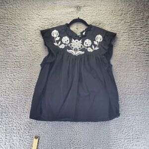 Knox Rose Top Womens XXL Black Embroidered Flutter Sleeve Blouse Boho Tassel Tie
